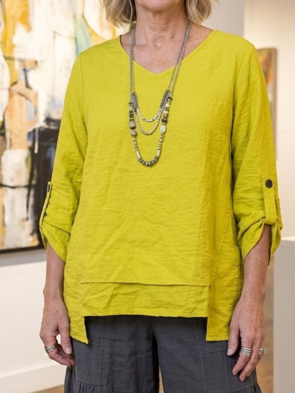 Ali Miles Top‎ Women's Small Chartreusse Citron Lagenlook Art to Wear Blouse